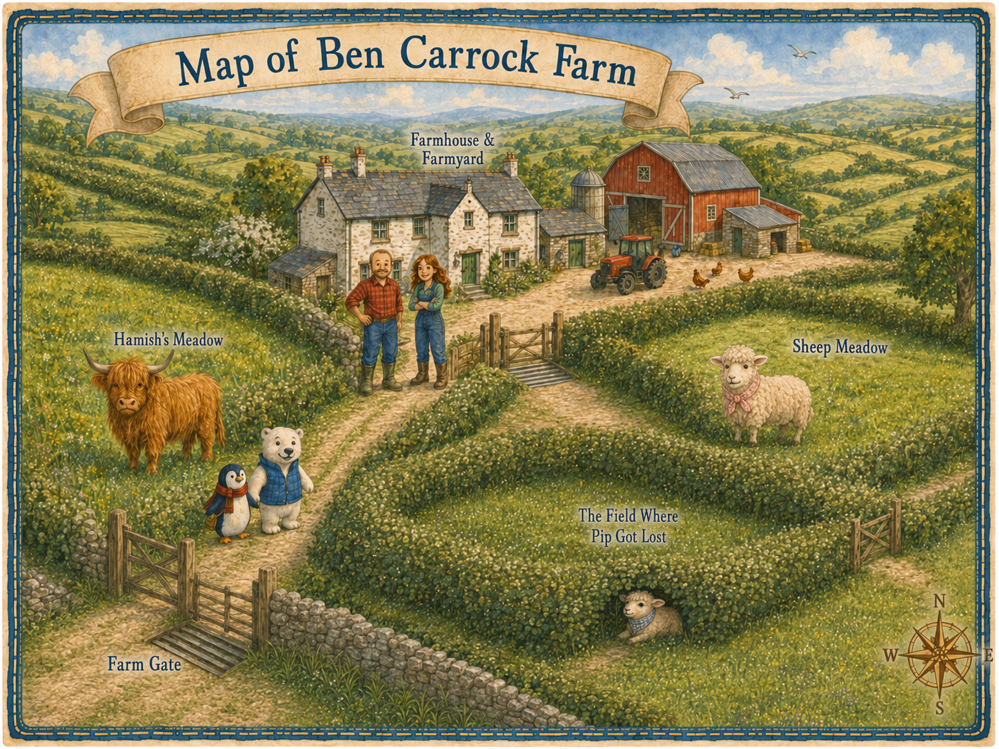 Illustrated map of Ben Carrock Farm showing the Farm Gate, Hamish's Meadow, the Farmhouse and Farmyard, Sheep Meadow and the field where Pip got lost.
