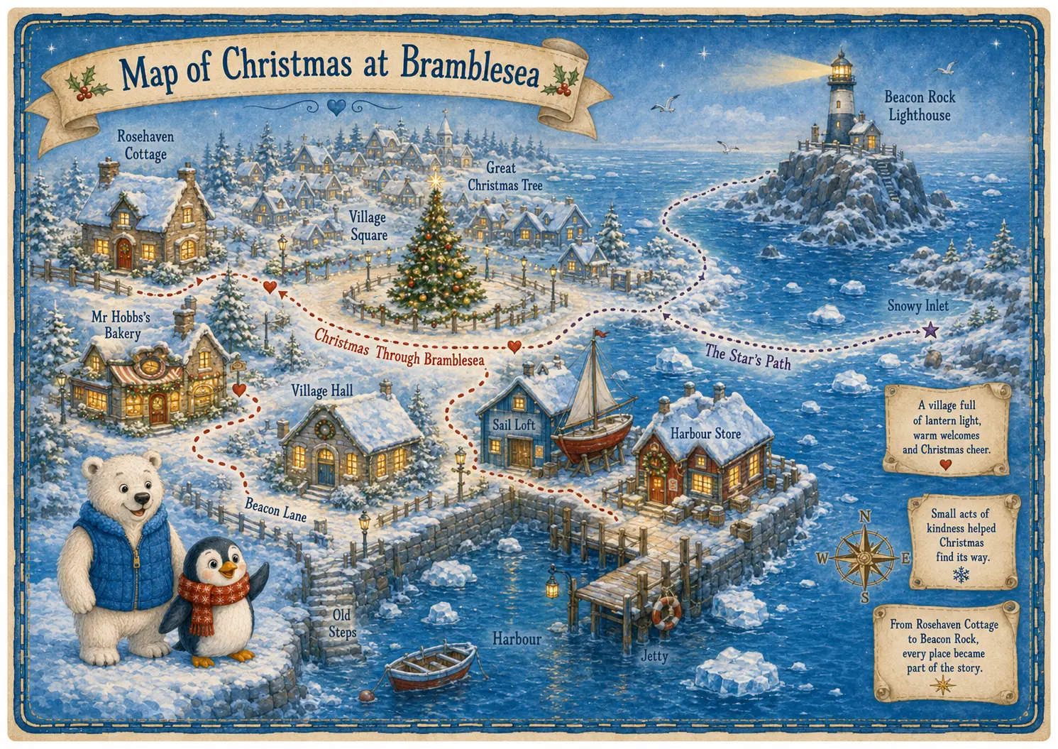 Illustrated map of Christmas at Bramblesea showing Rosehaven Cottage, Mr Hobbs's Bakery, the Village Square and Great Christmas Tree, the Village Hall, the harbour and jetty, and Beacon Rock Lighthouse.