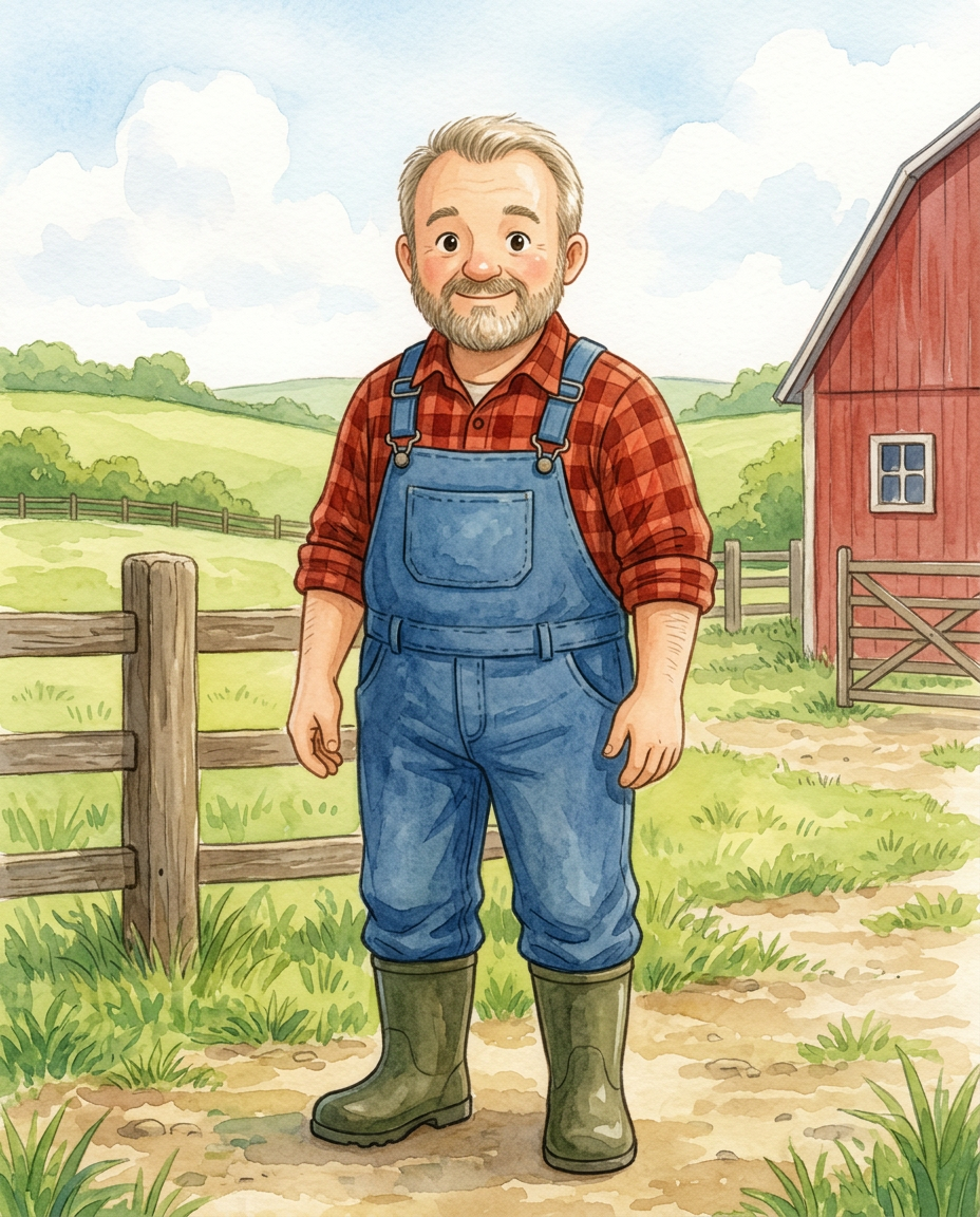Illustration of Farmer Carl, a friendly man with a neat beard, wearing a red checked shirt and blue overalls, standing at Ben Carrock Farm.
