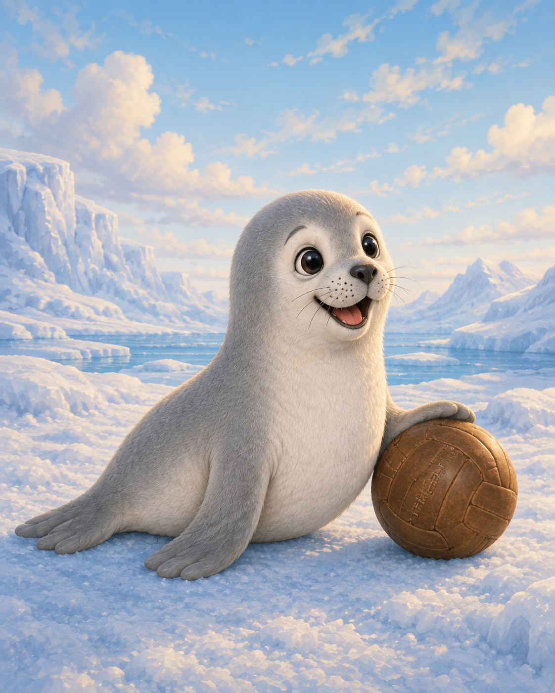 Sammy the Grey Seal smiling beside his football on the South Pole ice.