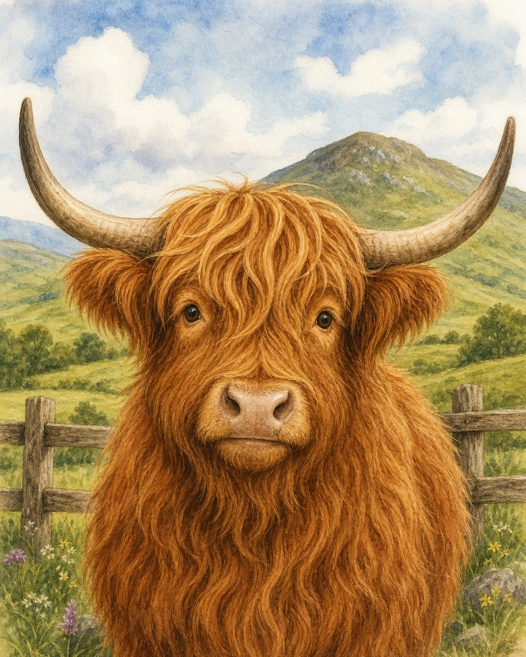 Illustration of Hamish, a magnificent Highland cow with a shaggy reddish coat, large curved horns and a calm, friendly expression, standing in the Ben Carrock Farm countryside.