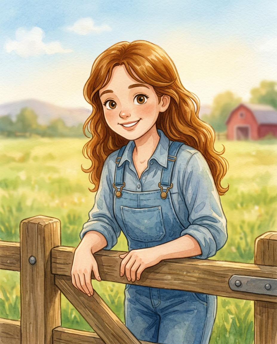 Illustration of Miss Abbie, a cheerful young woman with long auburn hair in denim overalls, leaning on a wooden farm gate at Ben Carrock Farm.