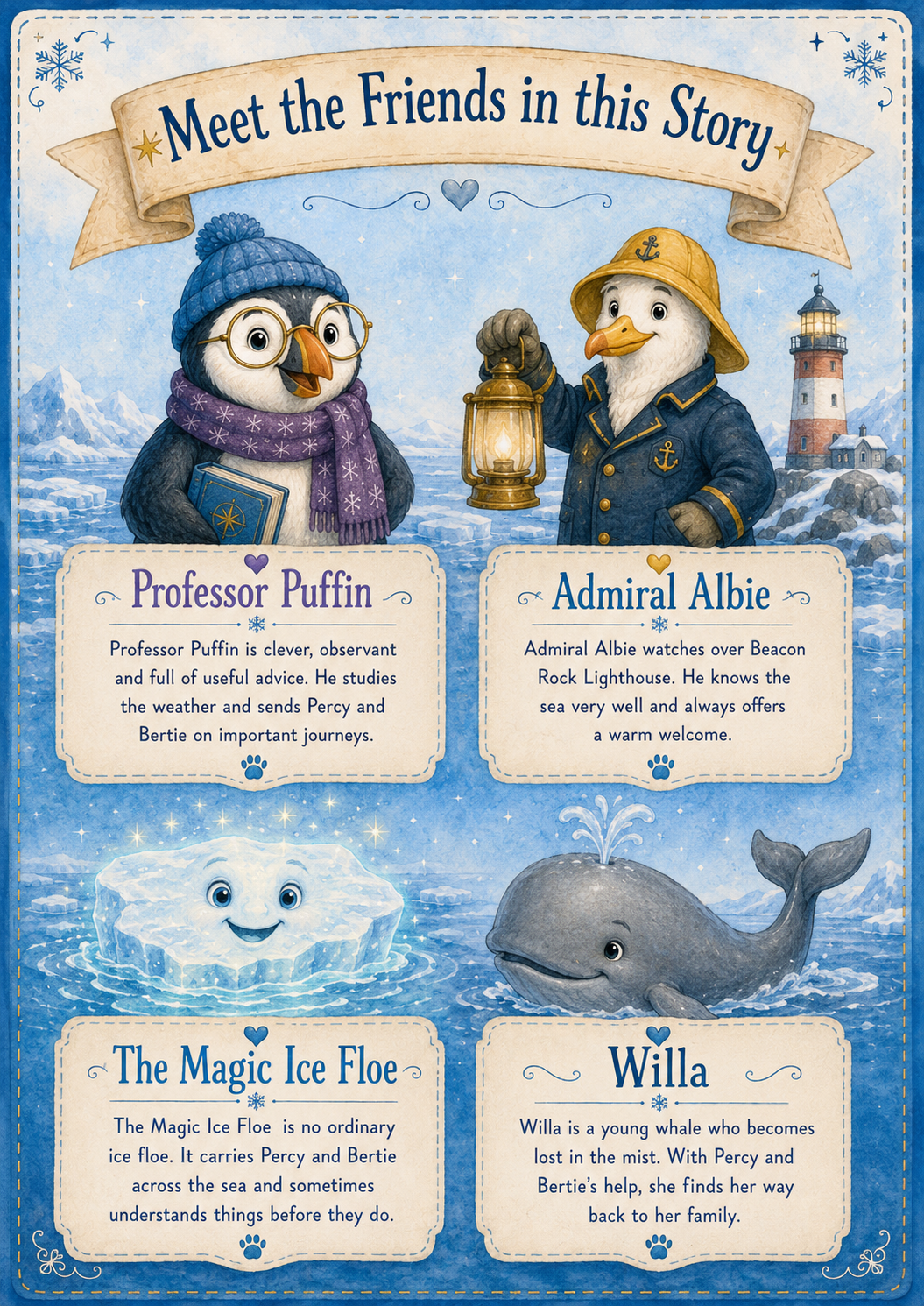 Meet the Friends in this Story illustration for The Magic Ice Floe, featuring Professor Puffin, Admiral Albie, The Magic Ice Floe and Willa with their descriptions.