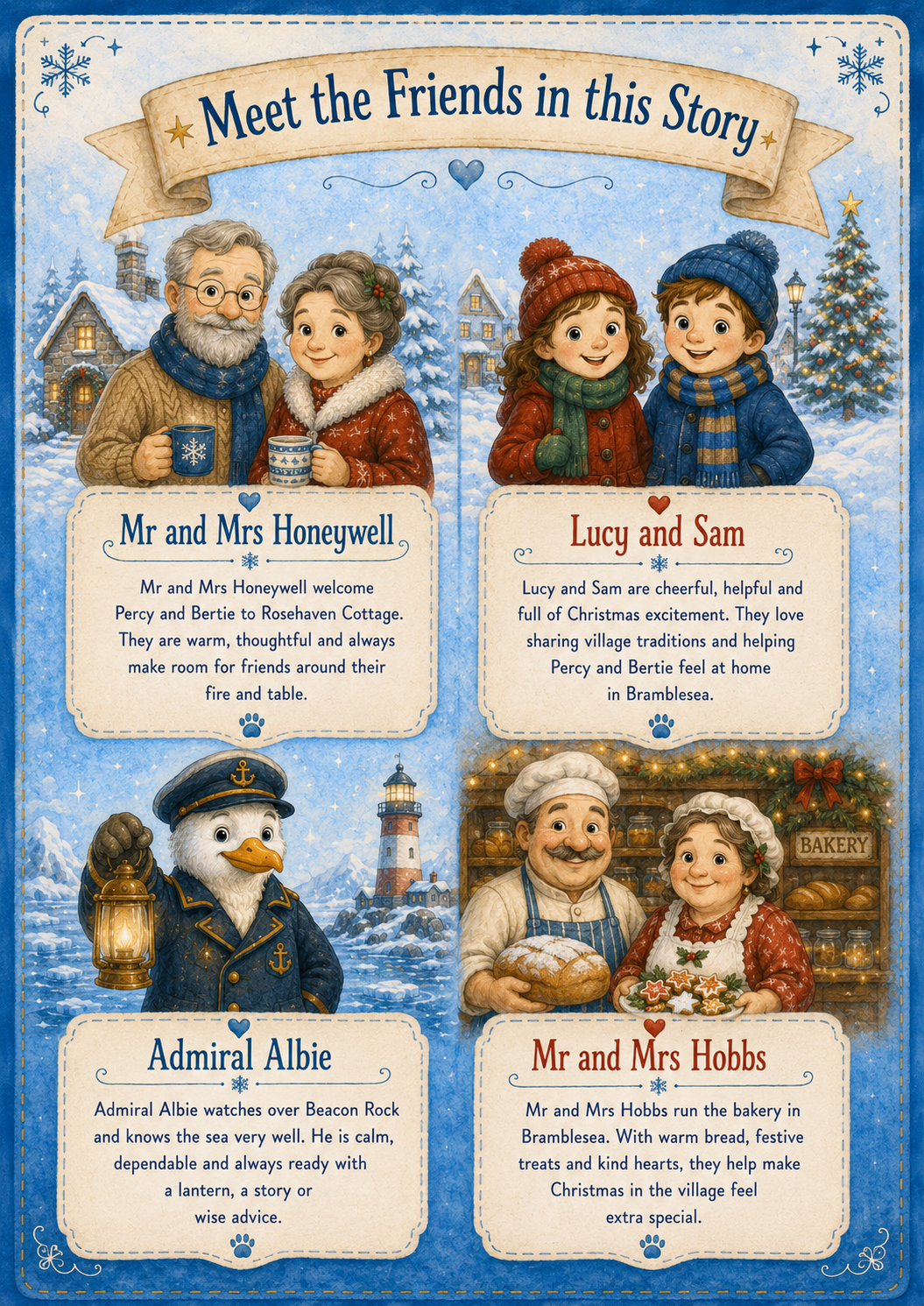Meet the Friends in this Story illustration for Christmas Comes to Bramblesea, featuring Mr and Mrs Honeywell, Lucy and Sam, Admiral Albie, and Mr and Mrs Hobbs with their descriptions.