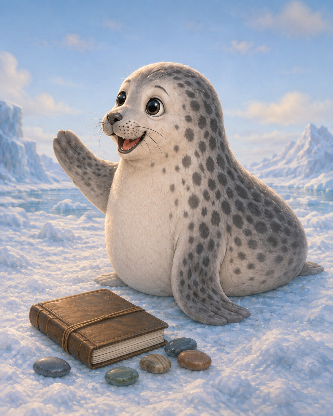Lila the Leopard Seal with her memory scrapbook and collection of shiny stones.