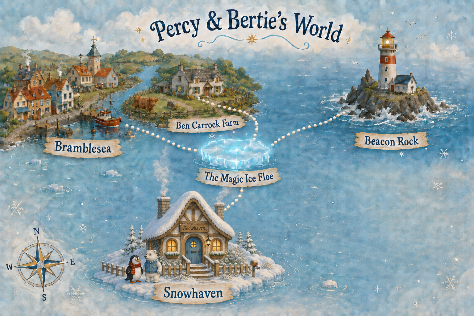 Illustrated map of Percy and Bertie’s world, with Snowhaven at the South Pole connected by the Magic Ice Floe to Bramblesea, Ben Carrock Farm and Beacon Rock, shown as a separate lighthouse island offshore.