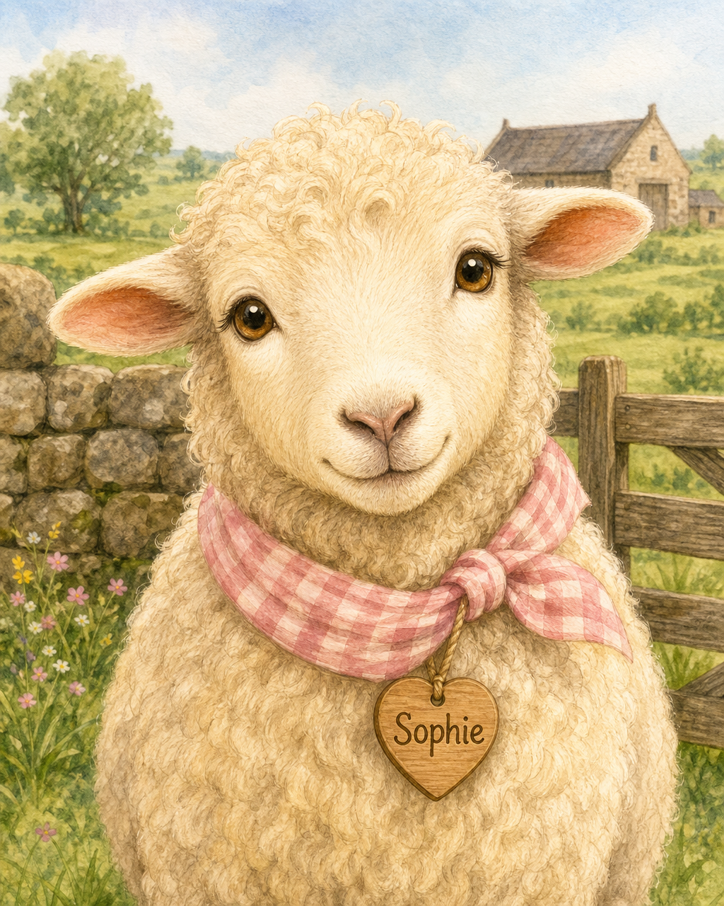 Illustration of Sophie, a gentle ewe with soft cream wool, warm expressive eyes, a pink gingham neck scarf and a small wooden heart name tag, standing in the Ben Carrock Farm countryside.