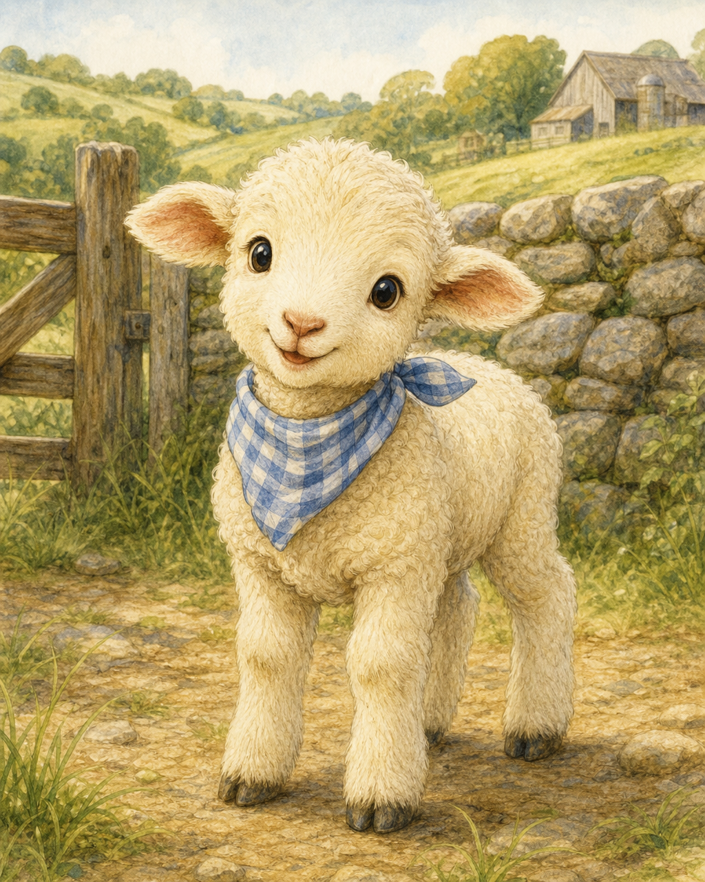 Illustration of Pip, a cheerful young lamb with soft cream wool, warm friendly eyes and a blue checked neck scarf, standing in the Ben Carrock Farm countryside.