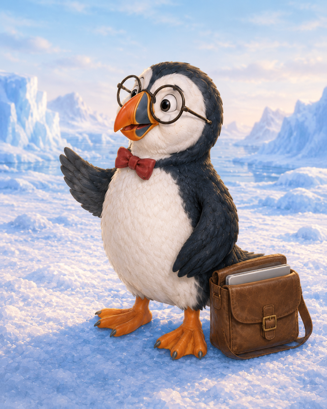 Professor Puffin wearing round spectacles and a bow tie beside his satchel and laptop.