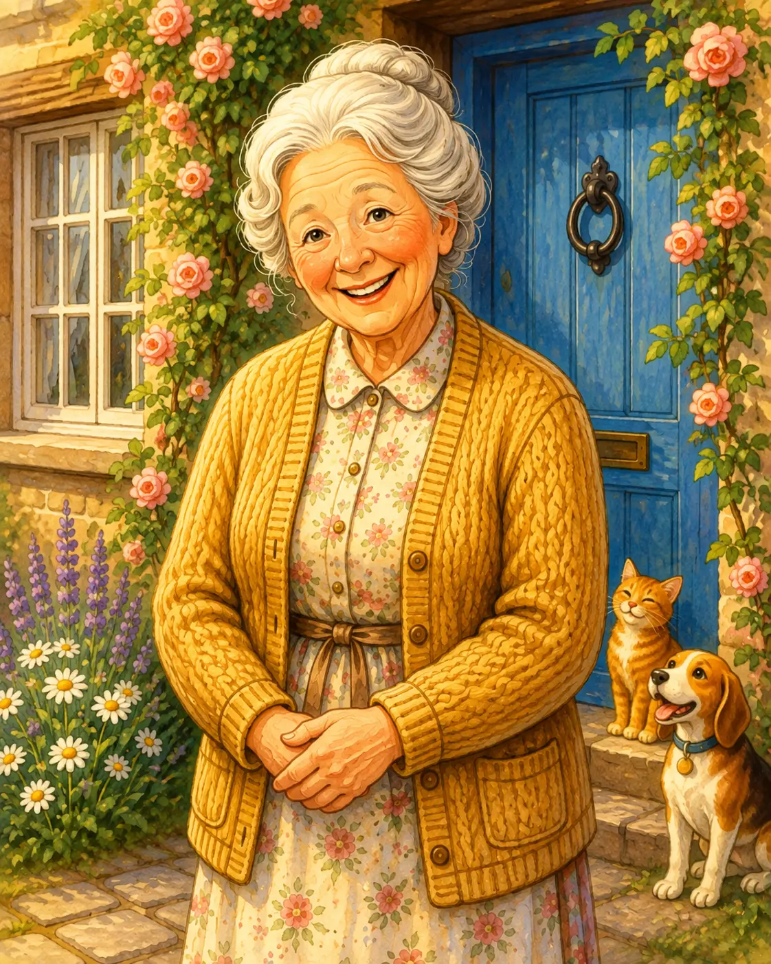 Illustration of Mrs Honeywell, a warm silver-haired lady in a golden cardigan and floral dress, smiling outside a rose-covered cottage with a ginger cat and a beagle.