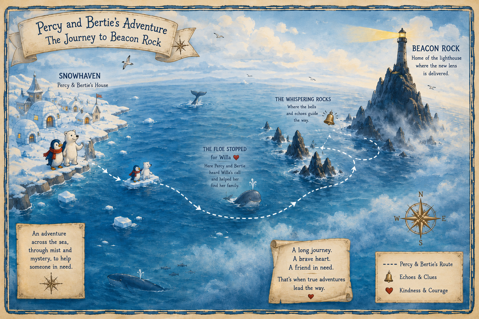 Illustrated map of Percy and Bertie's journey to Beacon Rock, showing Snowhaven, the place where the Floe stopped for Willa, the Whispering Rocks and Beacon Rock lighthouse.