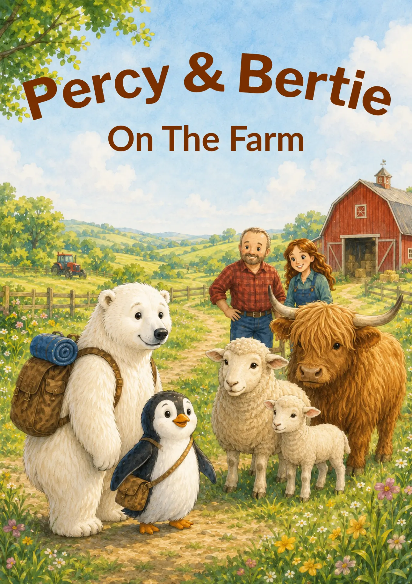 Front cover of Percy & Bertie: On The Farm, showing Percy and Bertie with Farmer Carl, Miss Abbie, Sophie, Pip and Hamish beside a red barn.