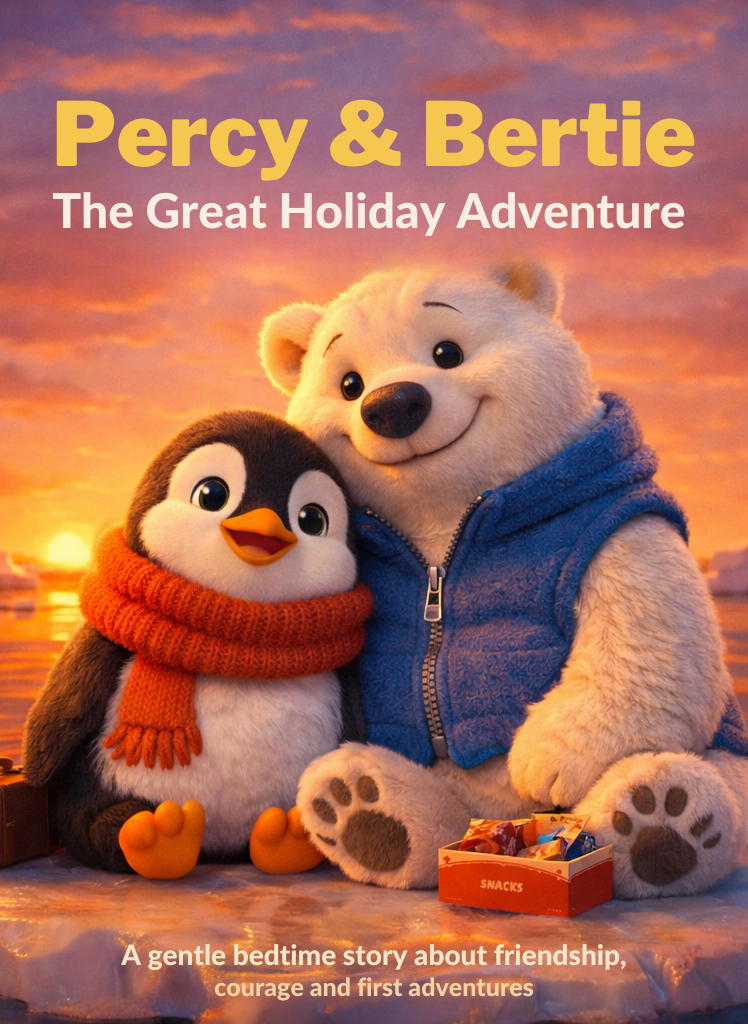 Front cover of Percy & Bertie: The Great Holiday Adventure, showing Percy and Bertie together at sunset by the sea.