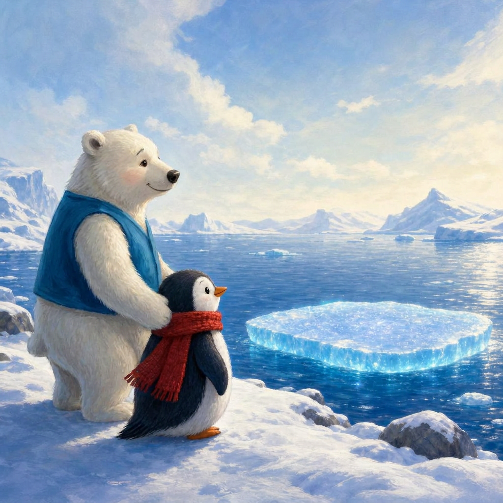 Illustration of Percy and Bertie standing on a snowy shore beside the glowing Magic Ice Floe, looking out across open water toward distant snowy mountains
