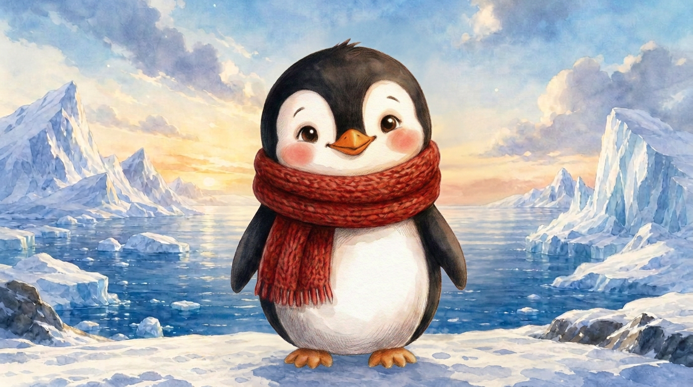 Illustration of Percy, a small penguin wearing a red knitted scarf